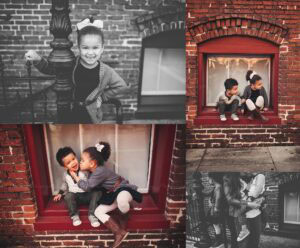 Siblings sitting in red brick window nook in Ybor City, candid kiss between brother and sister, black and white girl portrait by iron railing