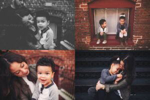 Ybor City family photography featuring intimate mother and son portraits against brick wall, siblings sitting together in red window frame