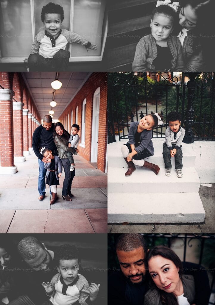 Family session in Ybor City brick walkway showing father mother and two children walking together, black and white sibling portraits by iron gate