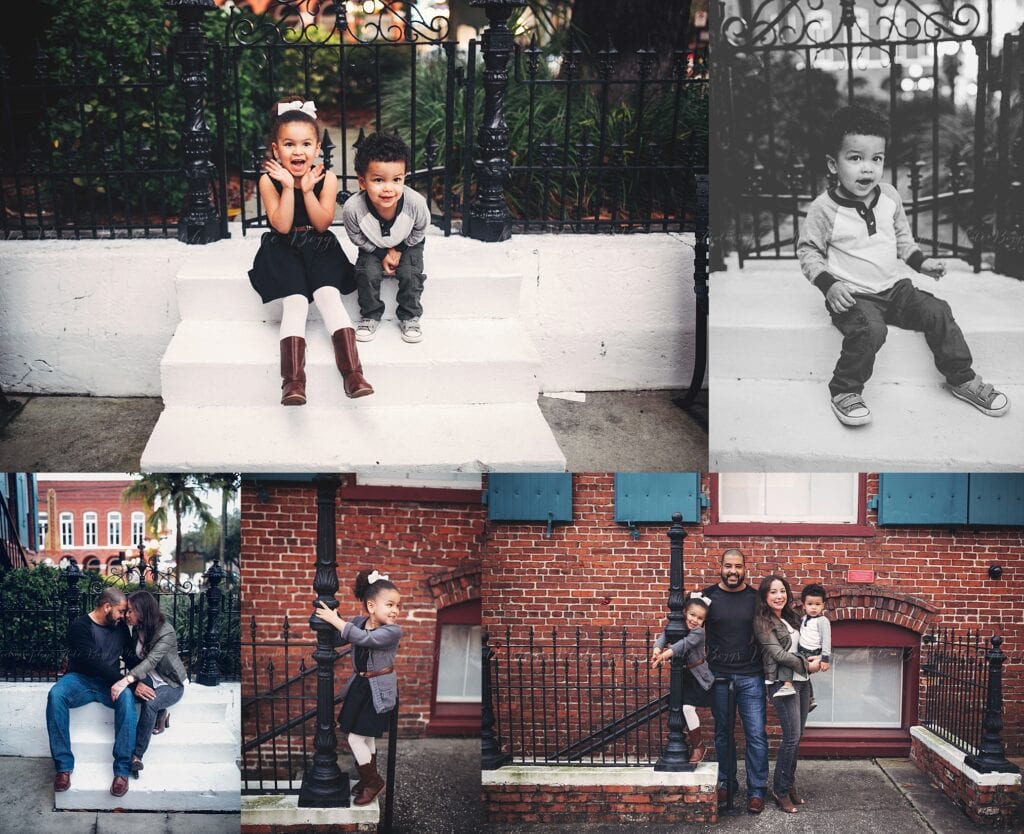 Ybor City family photography showing siblings sitting on white concrete steps by iron gate, solo portrait of boy, full family group against red brick wall