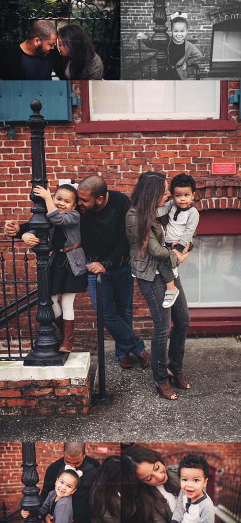 Family portraits at wrought iron gate in Ybor City showing parents embracing and daughter smiling against black and white brick backdrop, Tampa family photography