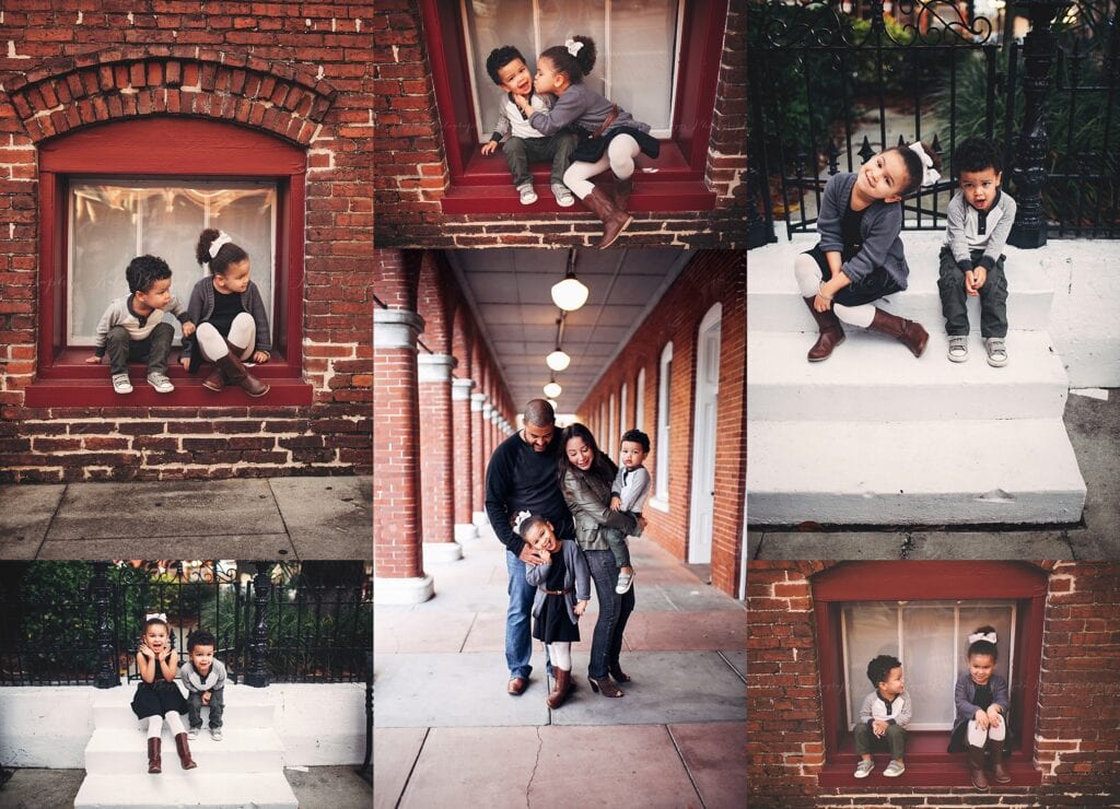 Ybor City family photography featuring siblings sitting on red brick window ledge kissing, family portrait in brick columned walkway with string lights