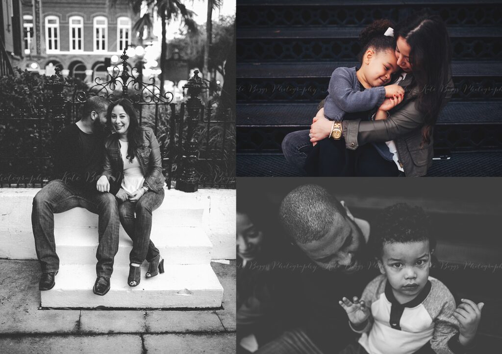 Ybor City family photography in black and white showing parents laughing on white steps and mother embracing daughter on historic staircase, candid Tampa family session
