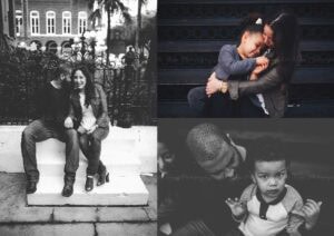 Ybor City family photography in black and white showing parents laughing on white steps and mother embracing daughter on historic staircase, candid Tampa family session