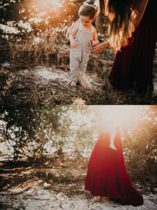 Mother and young child in striped romper and burgundy dress together on sandy beach, close-up and full body shots during sunset photography session Tampa