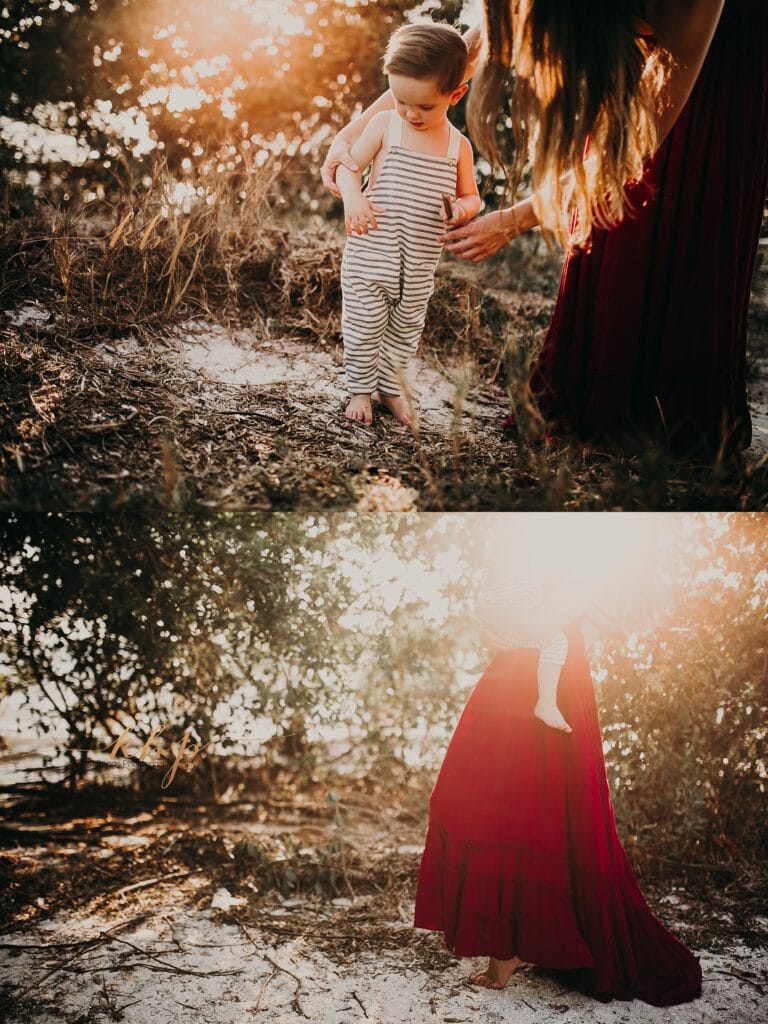 Mother and young child in striped romper and burgundy dress together on sandy beach, close-up and full body shots during sunset photography session Tampa