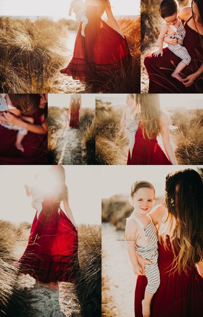 Collage of bohemian mommy and me beach family photos showing mother and child playing in golden hour light with flowing dresses and natural family moments Tampa Florida