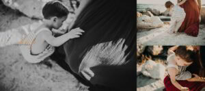 Black and white and color artistic family portraits featuring mother with young child on beach and in golden grass fields during sunset session