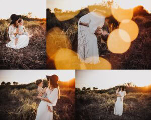 Mother holding toddler in striped outfit with bokeh background during golden hour field session, Tampa mommy and me family photography with warm light and intimate connection.
