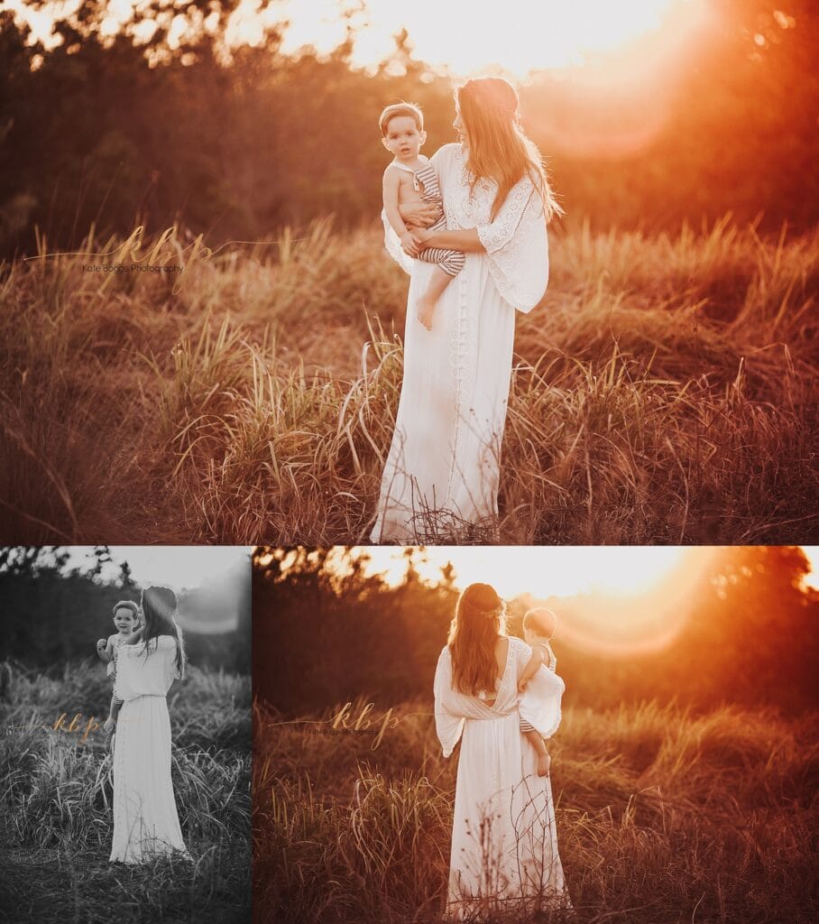 Collage of black and white and color mommy and me photos showing mother in white lace dress with young child in striped outfit in dry grass field at golden hour sunset