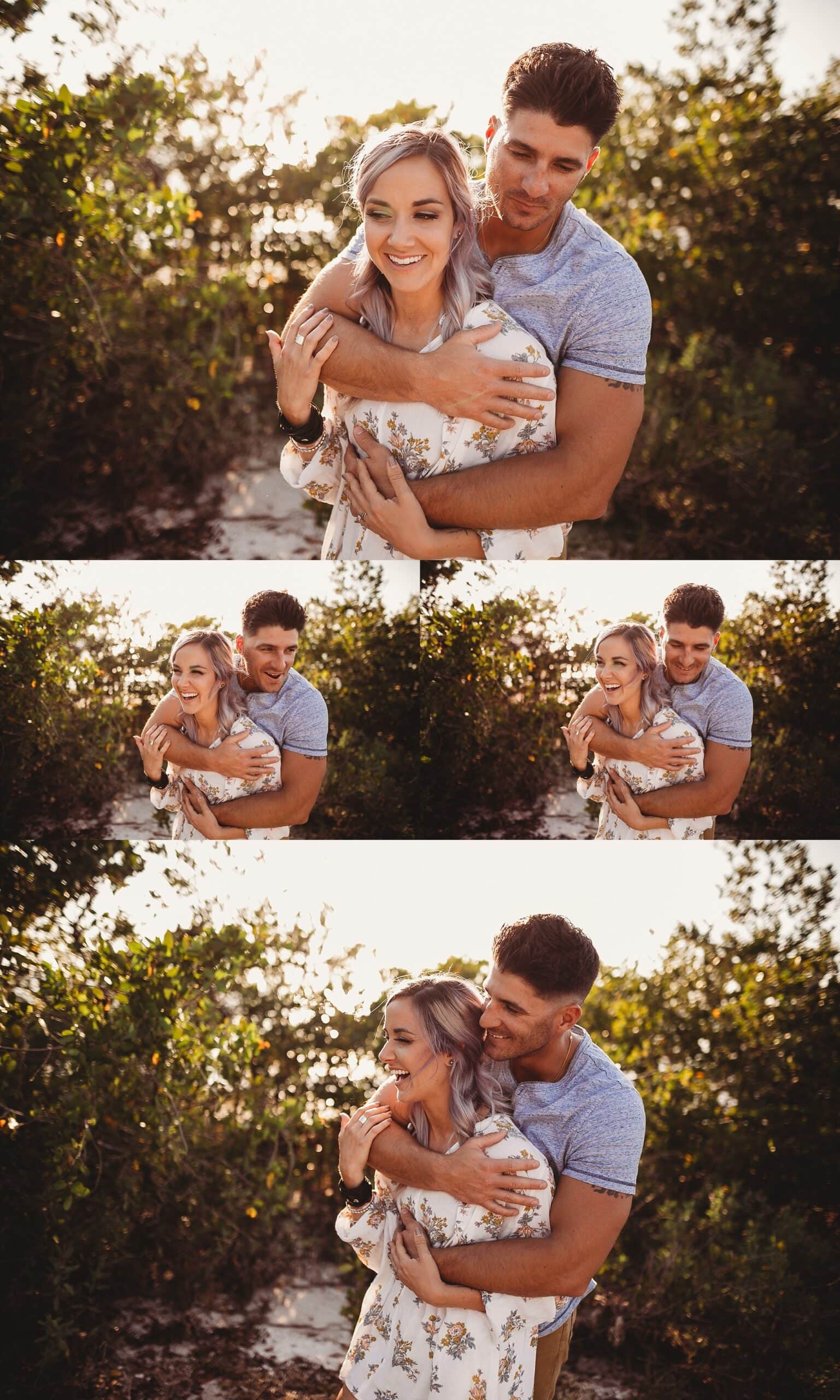 Couples photography grid showing engaged couple laughing together in overgrown field, multiple candid moments with genuine connection and joy, natural light portraits