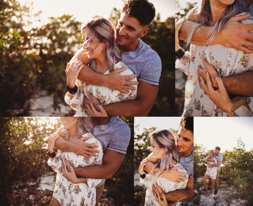 Close-up couples photography displaying tender moments, hand details, and intimate connection between man and woman in field setting with golden hour backlighting
