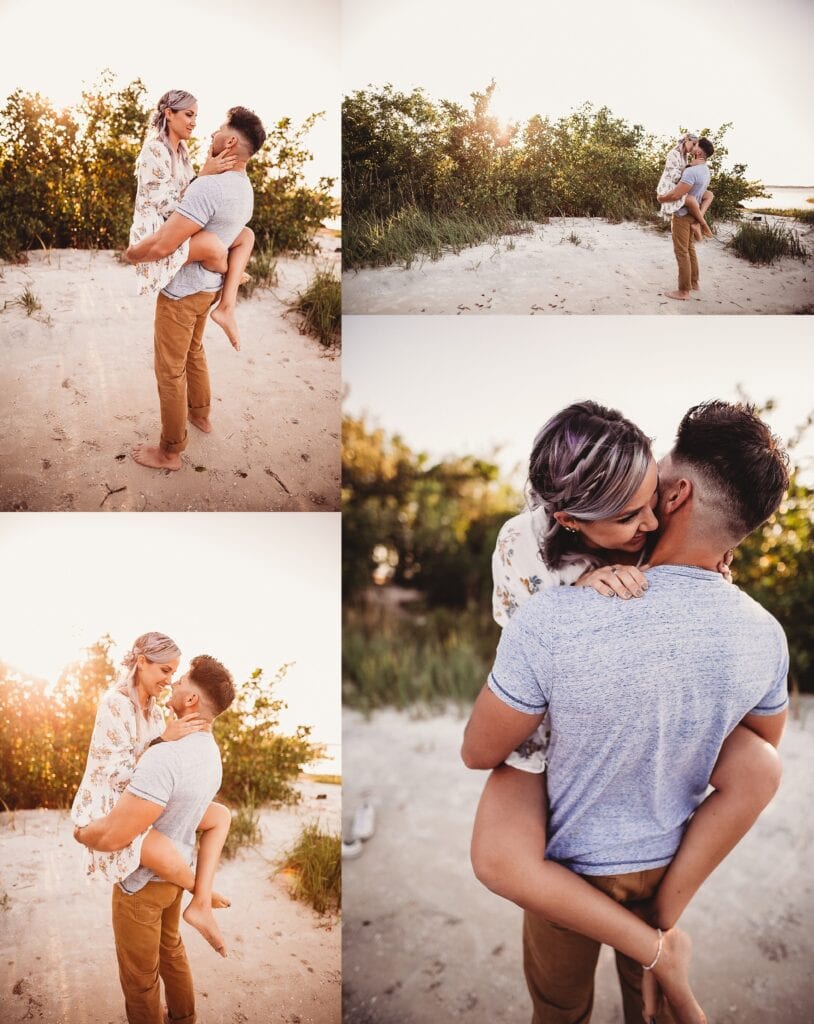 Couples photography collection featuring pair at beach during golden hour, man holding woman in shallow water, black and white and color versions, sunset reflections