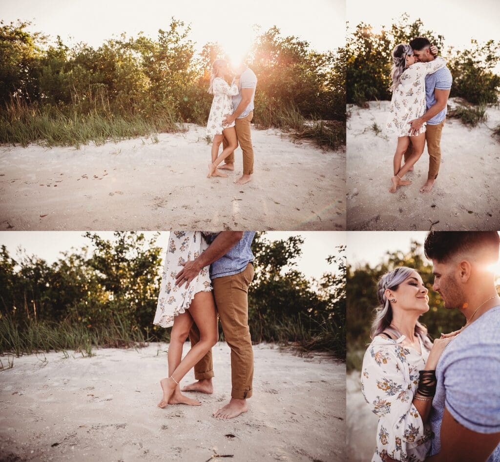 Couples photography collection featuring pair at beach during golden hour, man holding woman in shallow water, black and white and color versions, sunset reflections