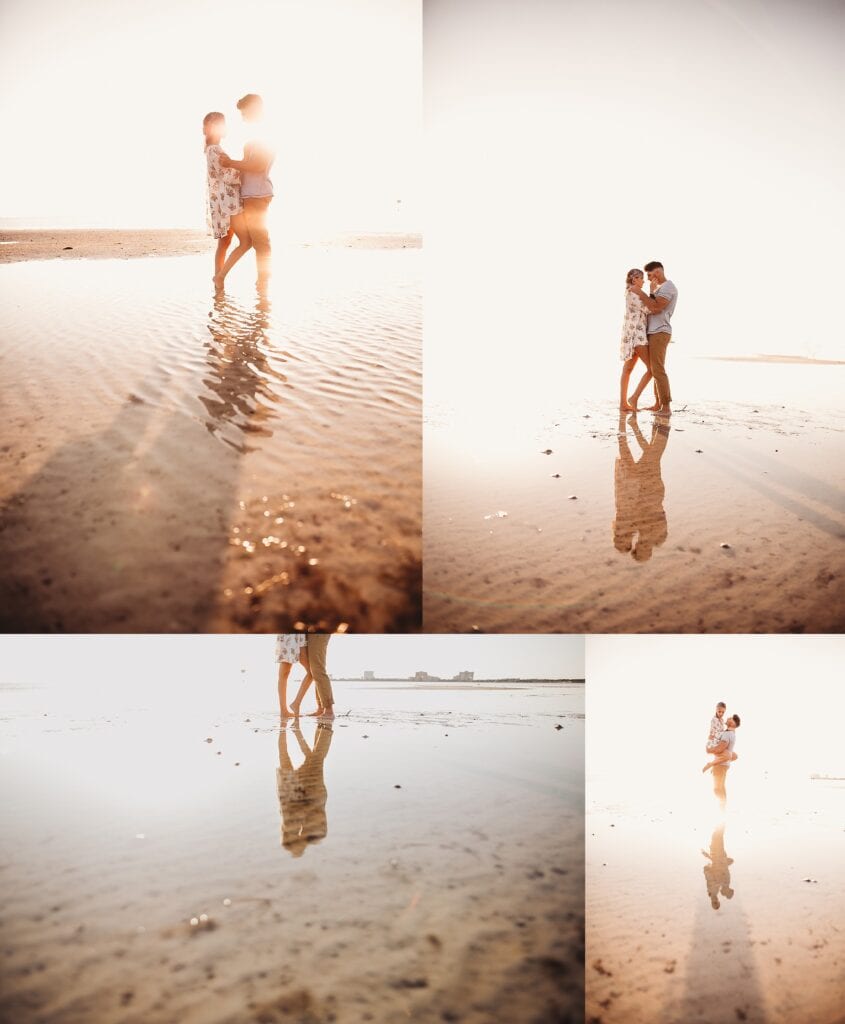 Beach couples photography showing engaged couple running and playing on sand during golden hour, barefoot moments, joyful interaction, sunset background