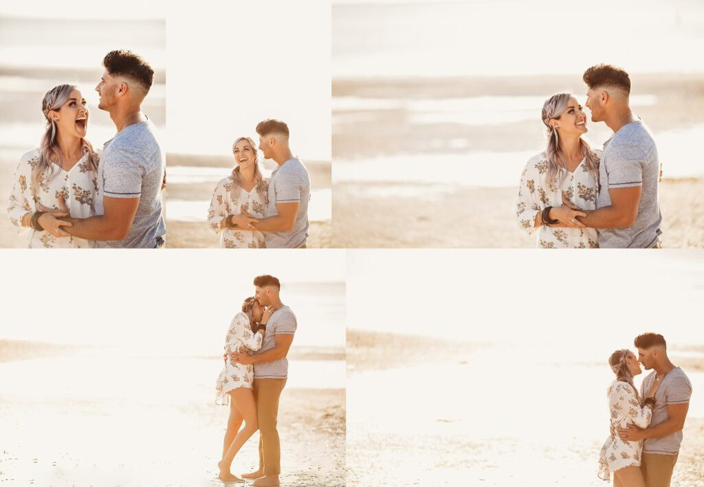 Couples photography in water featuring man and woman embracing in shallow ocean water at sunset, reflection shots, intimate beach engagement photos