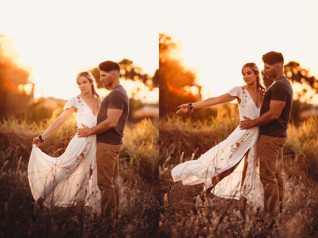 Couples photography on sand path through beach dunes, pair walking and posing together, multiple angles of engagement photo session in natural light