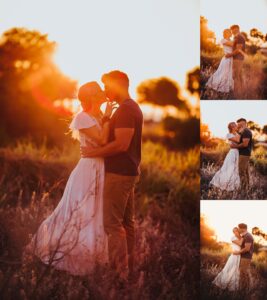 Couples photography featuring woman in flowing white floral dress with man in field, dress movement shots, golden hour lighting, romantic engagement portraits