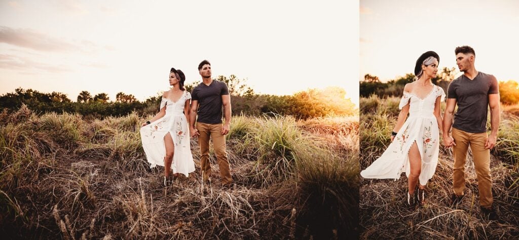 Golden hour couples photography showing man and woman kissing at sunset in field, backlit romantic moment, multiple poses, engagement photo collection