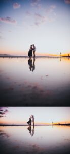 Couples photography in overgrown field displaying engaged pair holding hands, walking together, intimate moments, golden sunset background, natural poses
