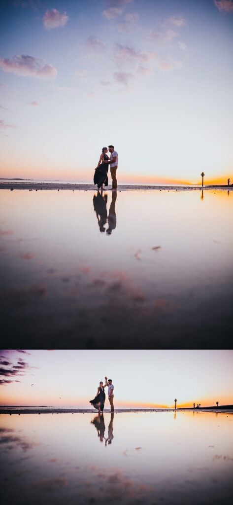 Couples photography in overgrown field displaying engaged pair holding hands, walking together, intimate moments, golden sunset background, natural poses