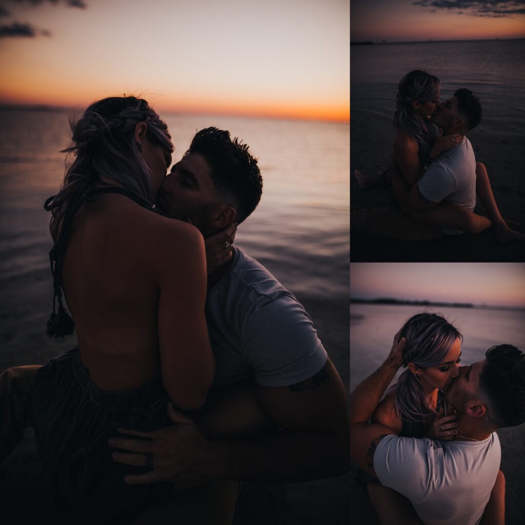 Couples photography of man and woman walking hand-in-hand through field at golden hour, flowing dress details, tree line background, romantic engagement session