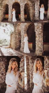 Maternity session locations featuring pregnant woman in white lace dress at historic stone ruins with arched columns, multiple poses in golden natural light