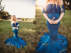 Pregnant woman in blue maternity gown holding small flowers in green field, full-length and detail shots of dress train and baby bump