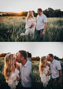 Maternity session locations showing couple kissing in golden field, pregnant woman in flowing white lace dress, romantic sunset portraits