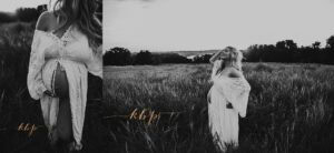 Black and white maternity session photos featuring pregnant woman in white lace dress standing in tall grass field, dramatic sunset silhouette and close-up belly detail