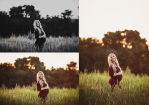 Maternity session locations comparison showing pregnant woman in black dress in black and white, and same location in maroon dress at golden hour with backlit trees