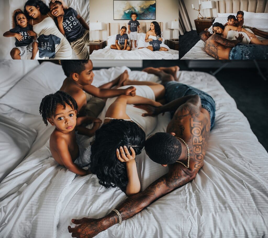 Expectant mother holding pregnant belly during maternity session, showing connection between parents, casual maternity photography
