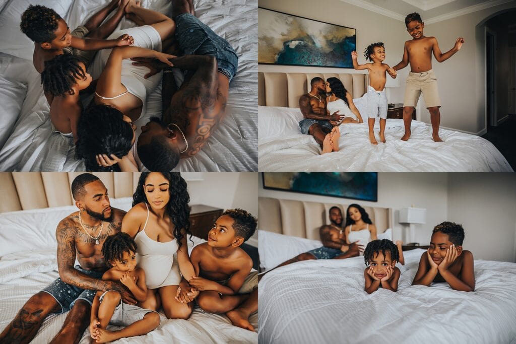 Maternity and couple photography collection showing expecting parents in intimate moments during in-home session with various poses and expressions