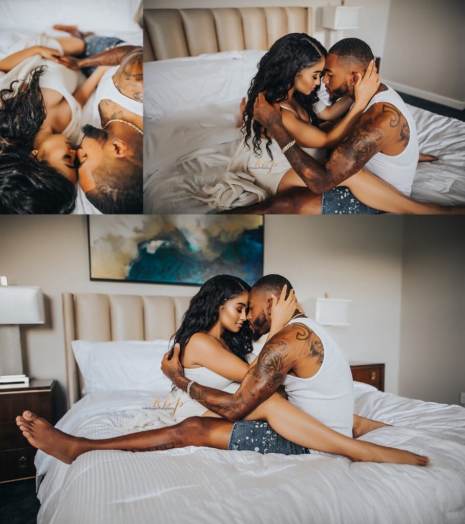 Pregnant woman and her partner in intimate maternity portrait, black and white and color options, showing tenderness during pregnancy