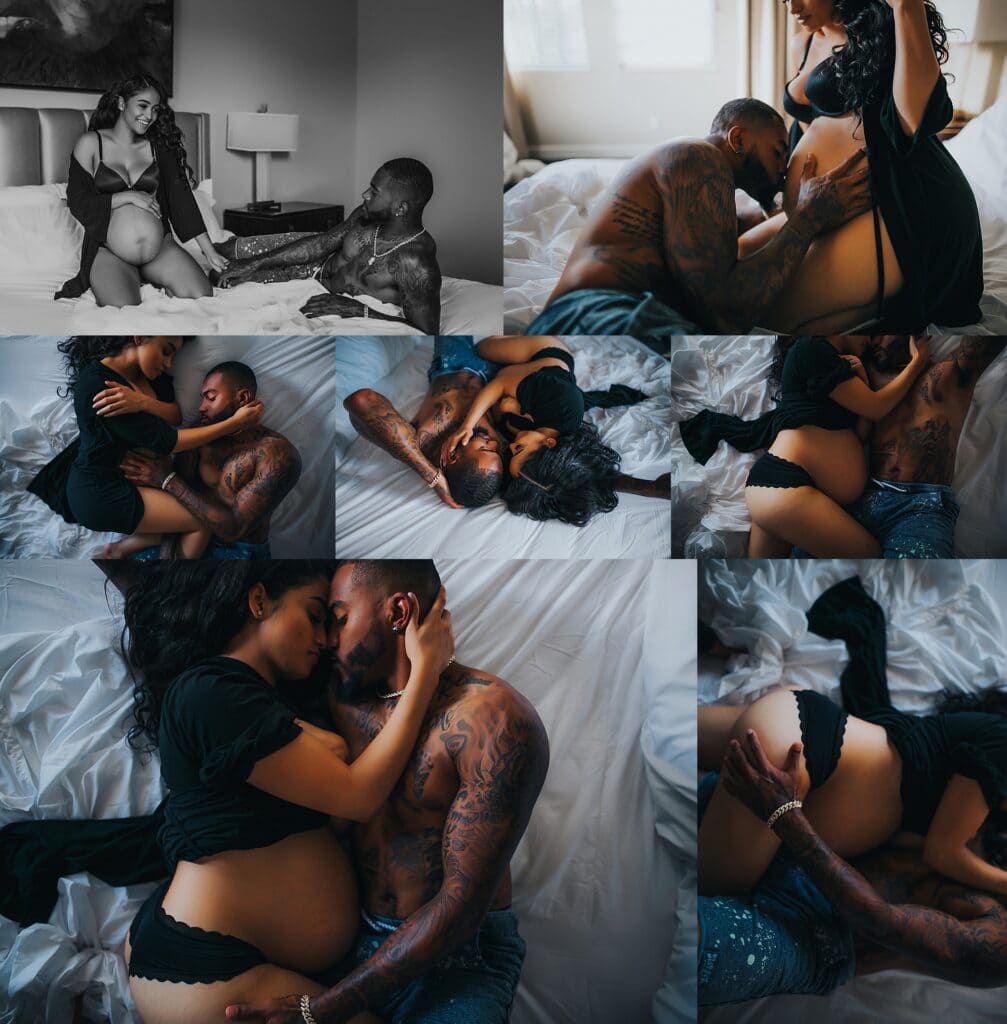 Multiple shots of in-home maternity family session showing playful moments between expecting mother, her partner, and two sons on a bed