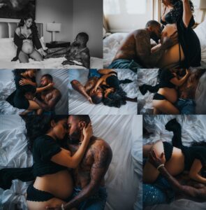 Multiple shots of in-home maternity family session showing playful moments between expecting mother, her partner, and two sons on a bed