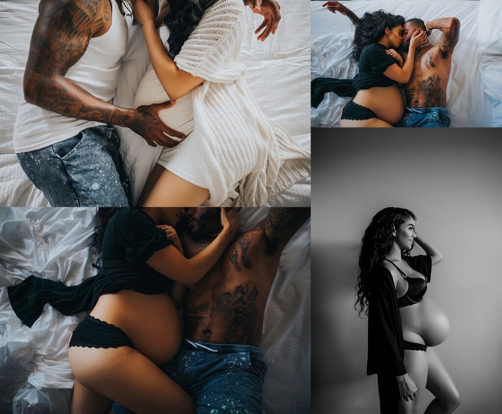 Pregnant Tampa mother laughing with her two older sons during intimate in-home maternity family session, all snuggled together on white bedding