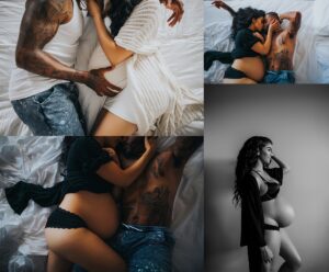 Pregnant Tampa mother laughing with her two older sons during intimate in-home maternity family session, all snuggled together on white bedding