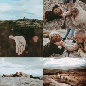 Collage of engagement ring detail and family of four on New Hampshire mountain overlook with water and landscape views, parents with children wearing cream and black outfits during family photography session