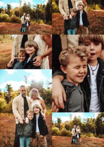 Fall family portrait collage showing parents and two children laughing together in rust-colored mountain field, close-up detail shots of children's faces and family moments in natural light