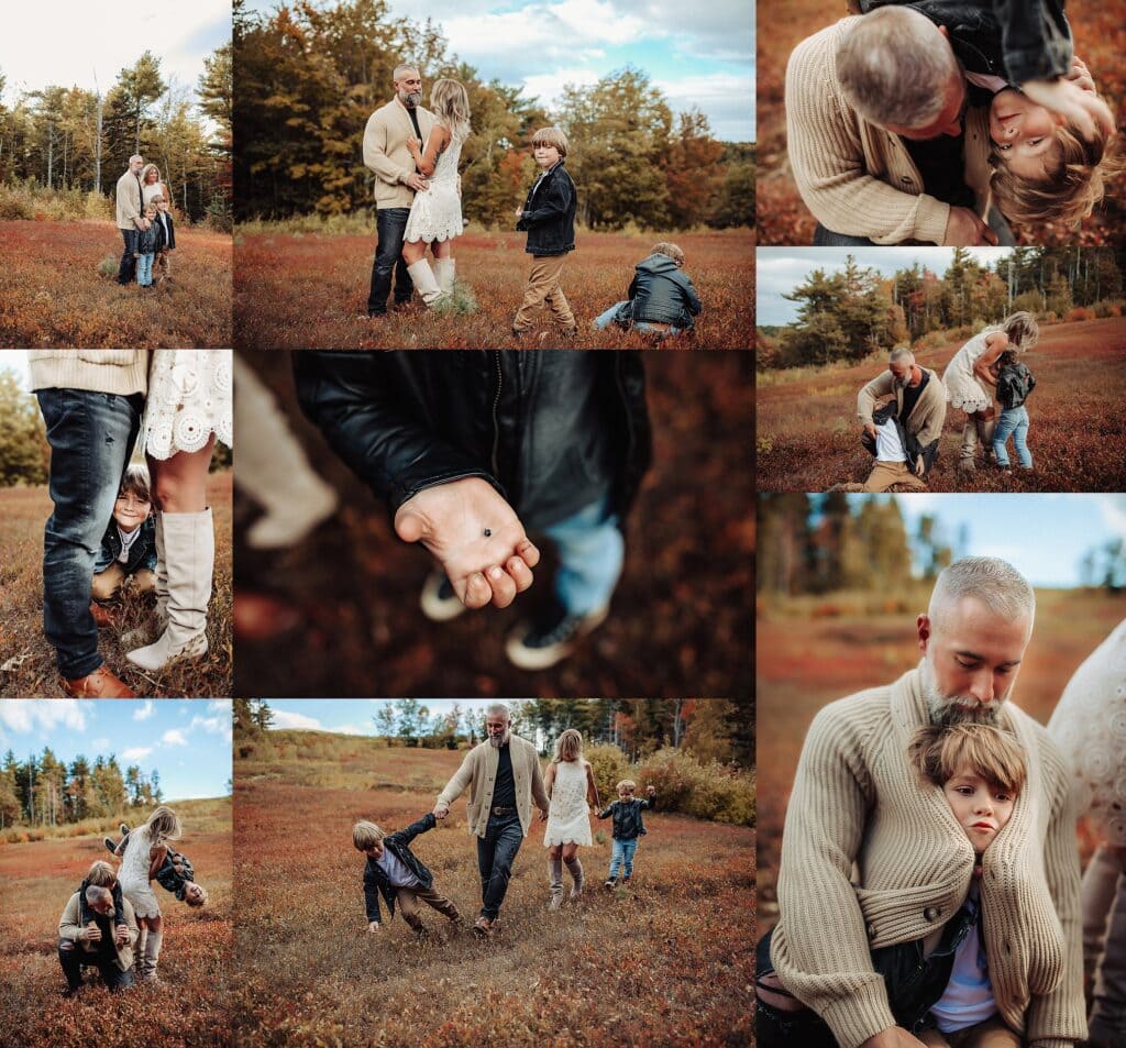 Sunset family session collage with golden hour backlighting, children running and playing in field, parents with kids in styled cream and black outfits on mountain landscape
