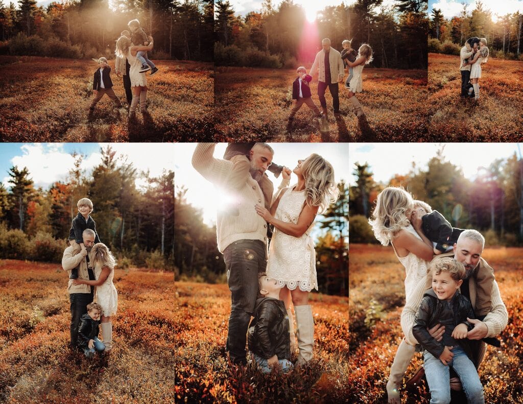 Forest family photography collage showing intimate parent-child moments on woodland trails, family groups walking together among tall pine trees with natural forest lighting