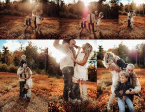 Forest family photography collage showing intimate parent-child moments on woodland trails, family groups walking together among tall pine trees with natural forest lighting