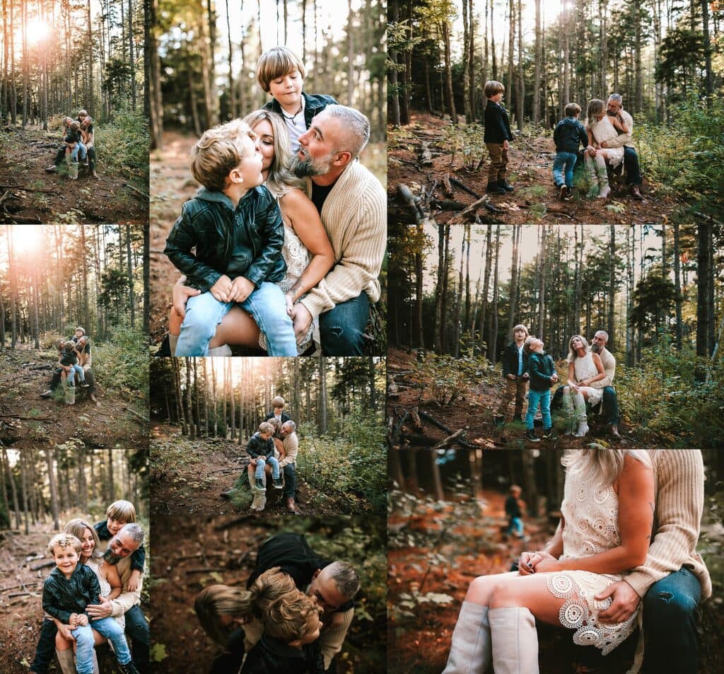 Family portrait collage in wooded setting with parents holding children, multiple angles showing family connection on forest floor with trees and natural backdrop