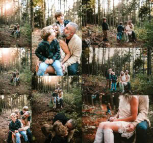 Family portrait collage in wooded setting with parents holding children, multiple angles showing family connection on forest floor with trees and natural backdrop