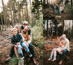 Mountain landscape family photography collage with families walking scenic trails, wide vista shots showing families on rocky terrain with mountains and fall foliage