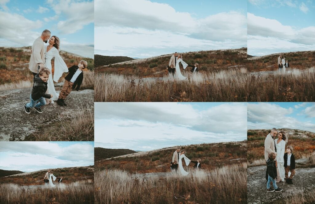 Family photography session collage featuring mountain family portraits with valley overlook backdrop, close-up detail shots of children and multiple family groupings on rocky summit