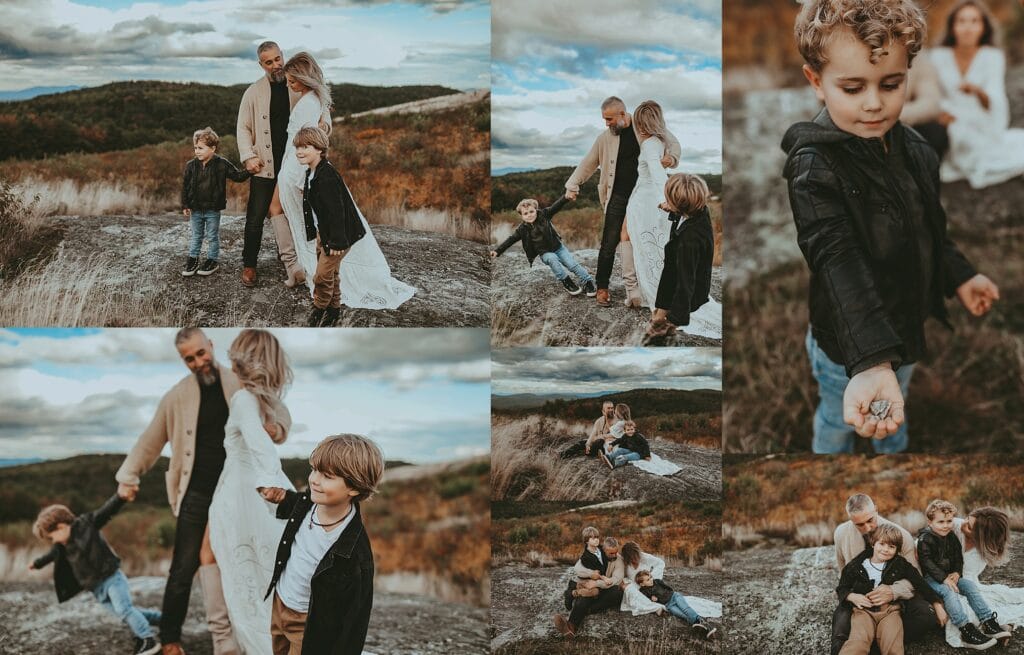 Mountain trail family session collage showing families walking scenic paths, wide landscape shots of family groups with dramatic sky and forest backdrop, movement and play