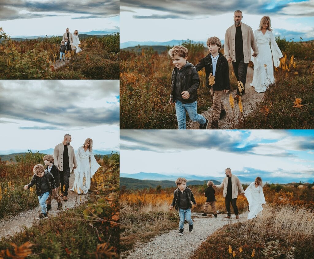 Family collage with flowing white dress detail, children playing on mountain rocks, dramatic sky and landscape backdrop, multiple angles of family connection and movement