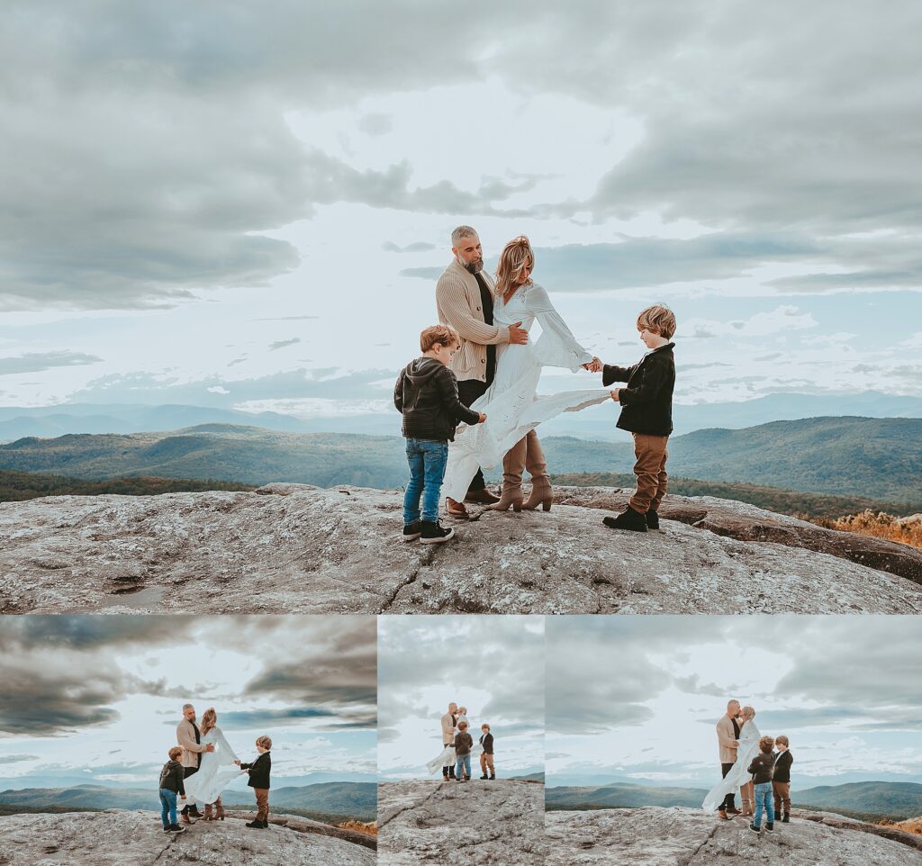 Photography workshop collage from New Hampshire mountain showing family of four in styled cream, white, and black outfits during Kate Boggs and Kayla Locke posing and family photography training session with fall landscape background